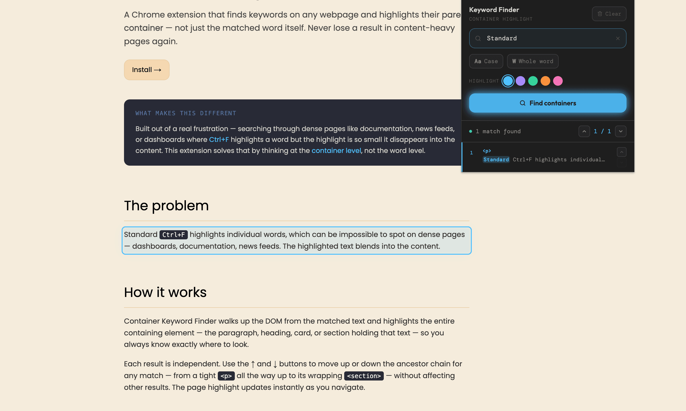 Container Keyword Finder extension popup showing keyword search results with container highlighting